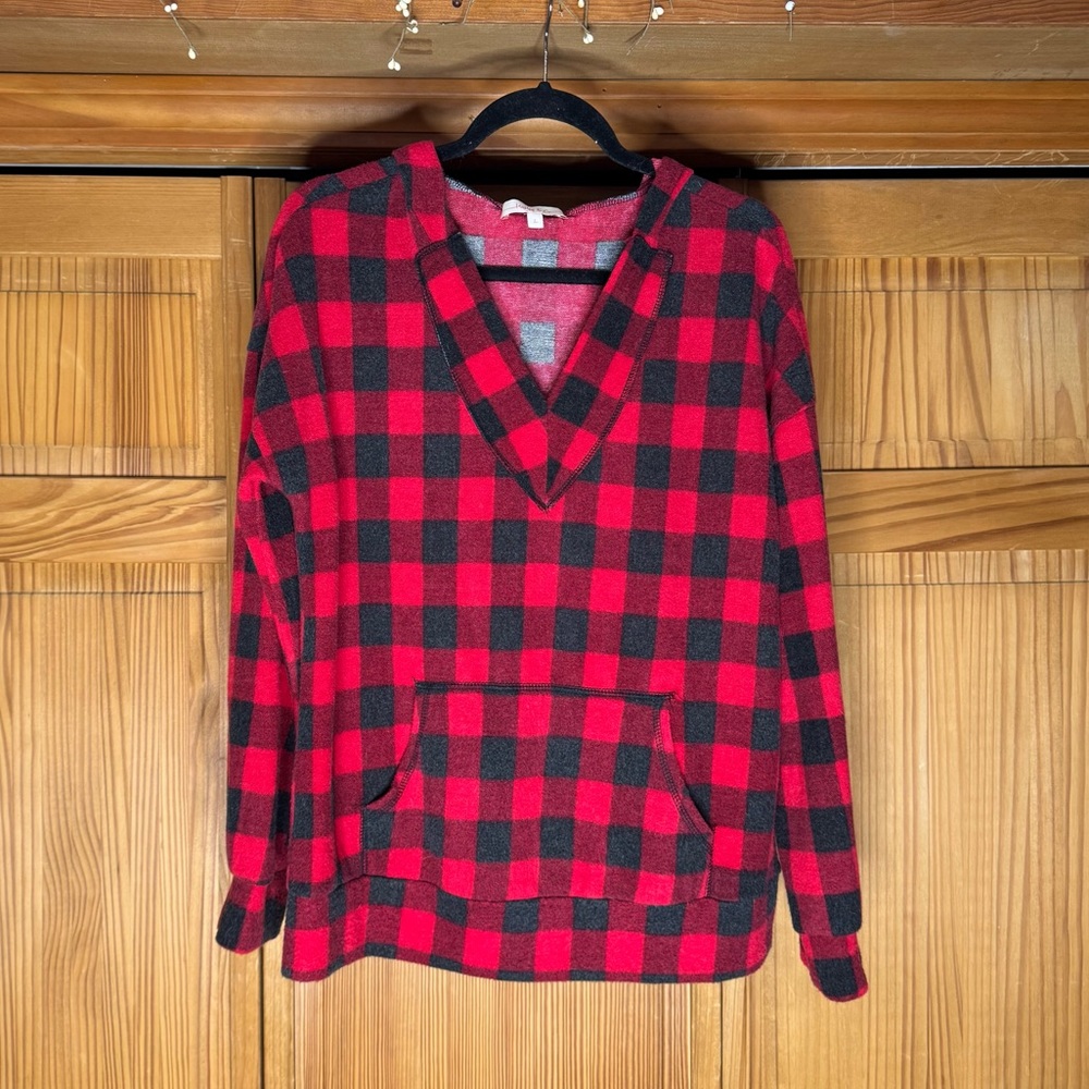 Hailey & Co. Red Buffalo Plaid Hacci Fleece Hooded Pullover